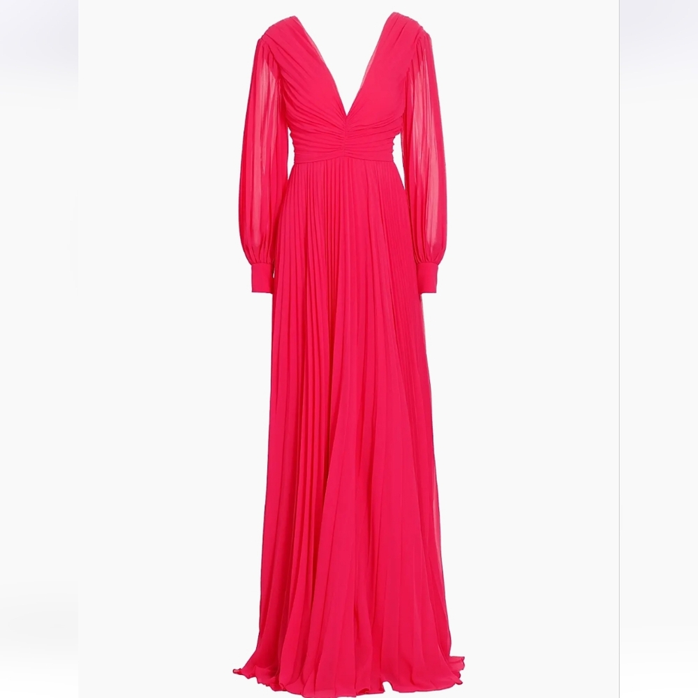 Badgley Mischka Pink Pleated Gown with Bishop Sleeves Brand New With Tag